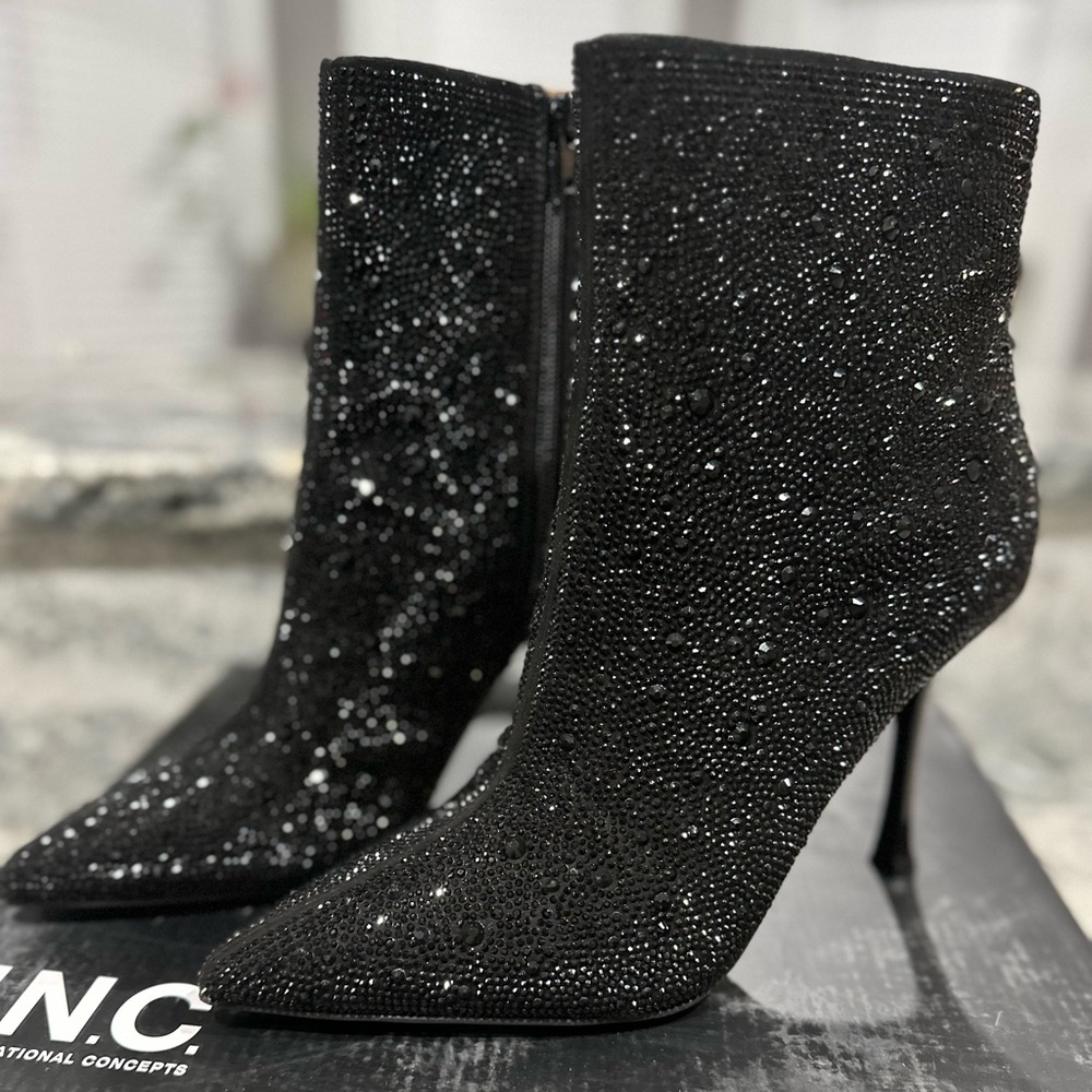 INC Womens Rakima Black Embellished Pointed Toe Zipper Ankle Boots Shoes NWT